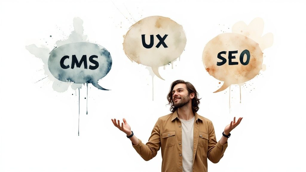 A man contemplates CMS, UX, and SEO in watercolor-style thought bubbles on a white background.