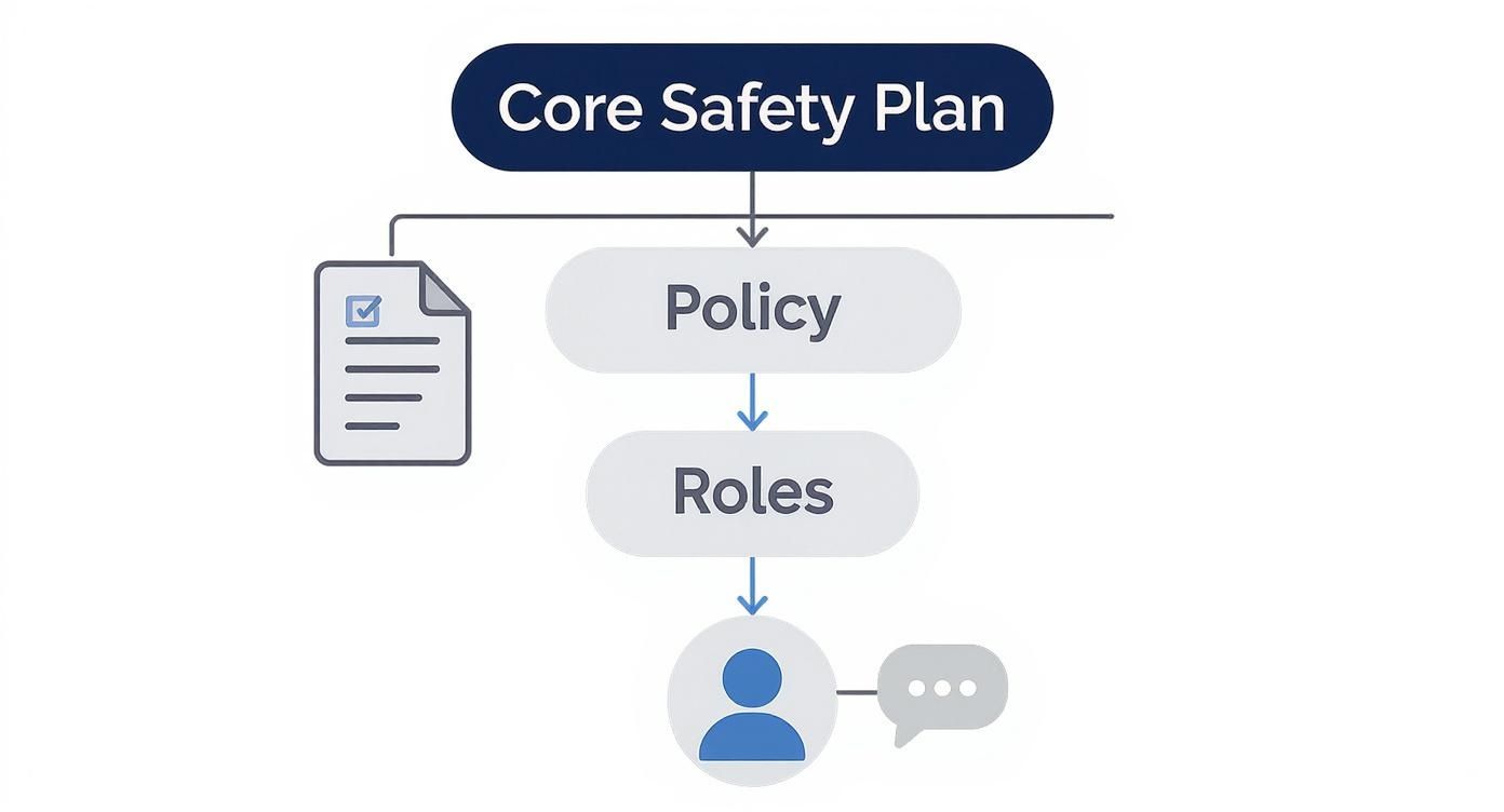 Infographic showing a top-down flow with icons for Policy, Roles, and Communication as the core of a safety plan.