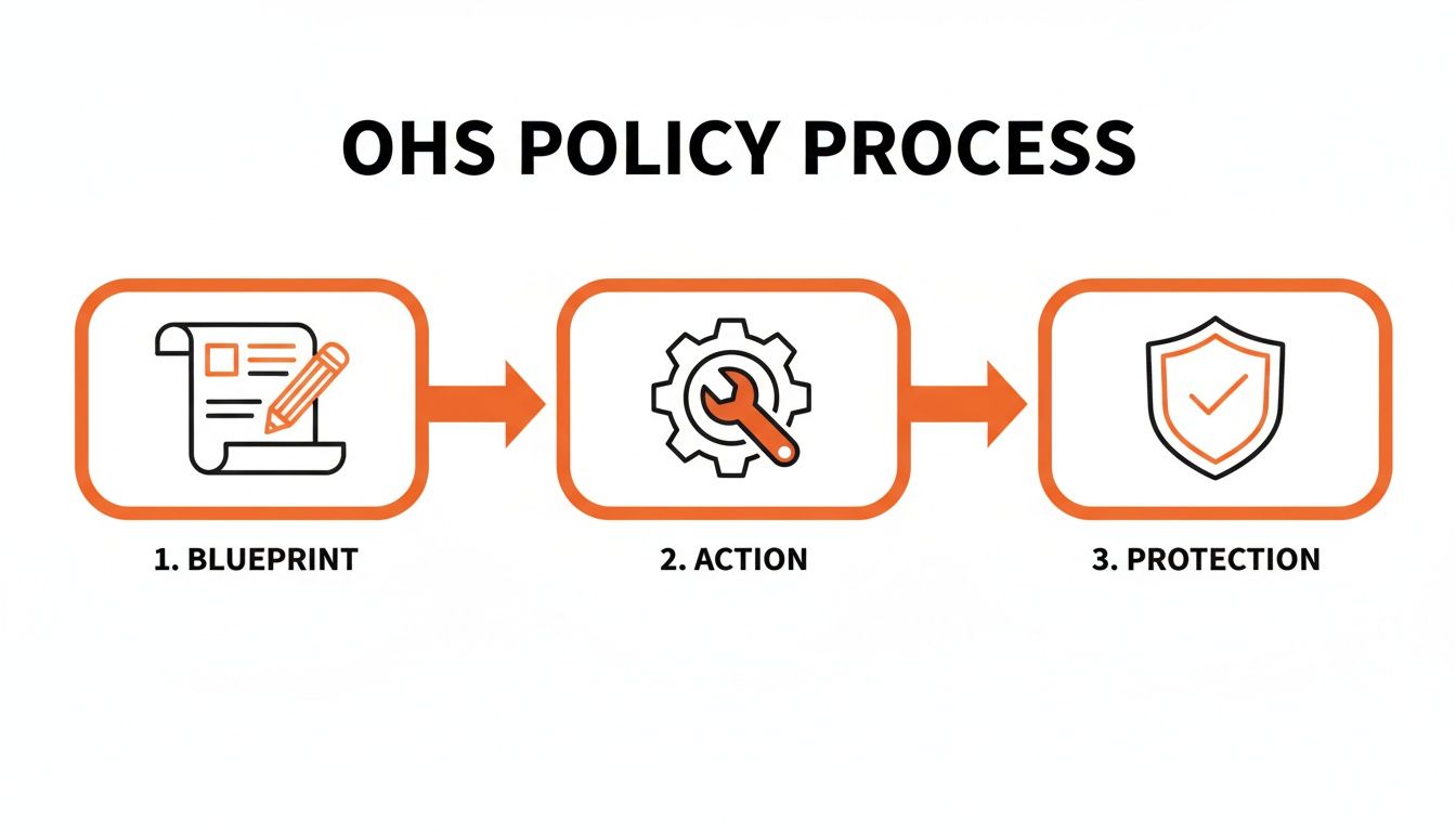 A construction manager reviews a safety policy on a tablet while standing on an active building site.