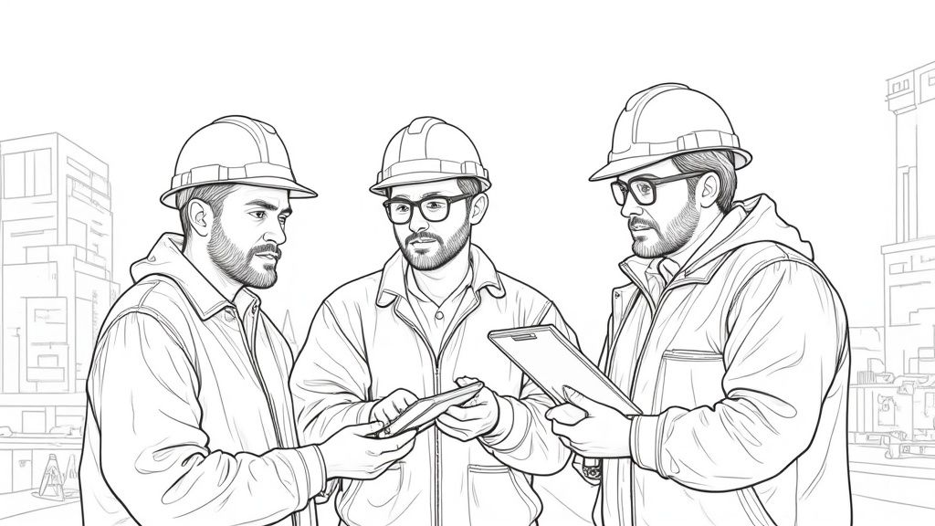 Workers on a construction site participating in a toolbox talk.