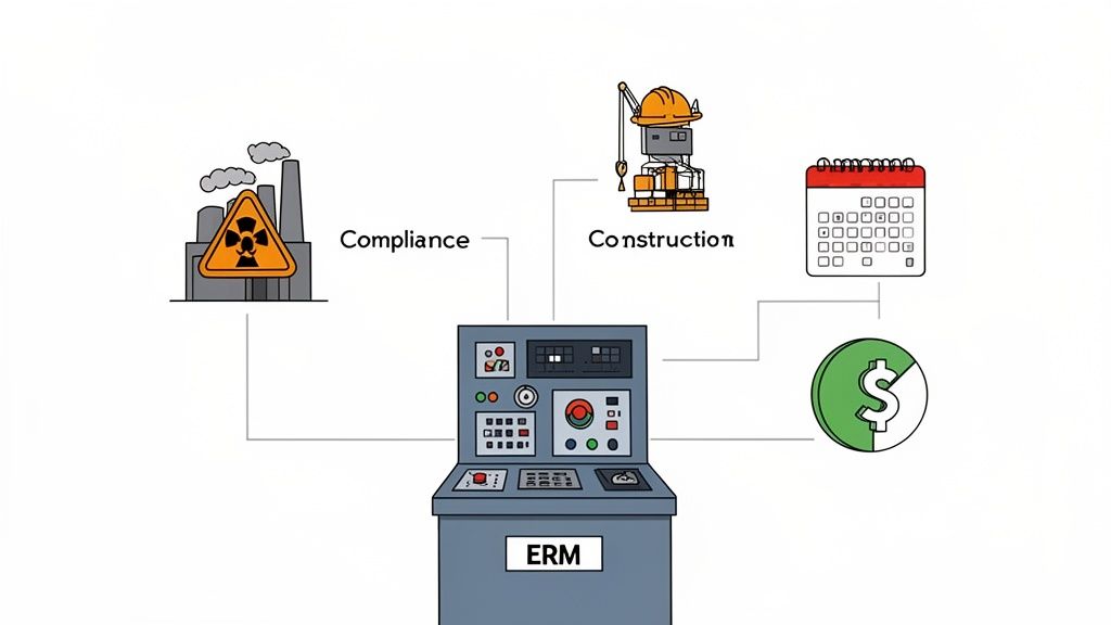 An illustration of an ERM control panel managing compliance, construction, scheduling, and finances.
