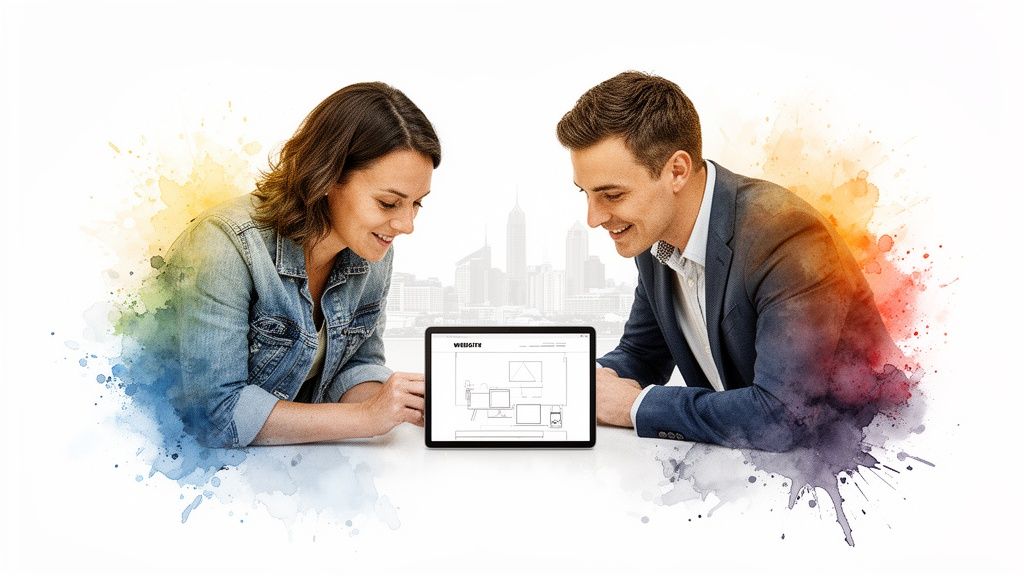 Two smiling professionals collaboratively reviewing a website design on a tablet, surrounded by colorful watercolor splashes.