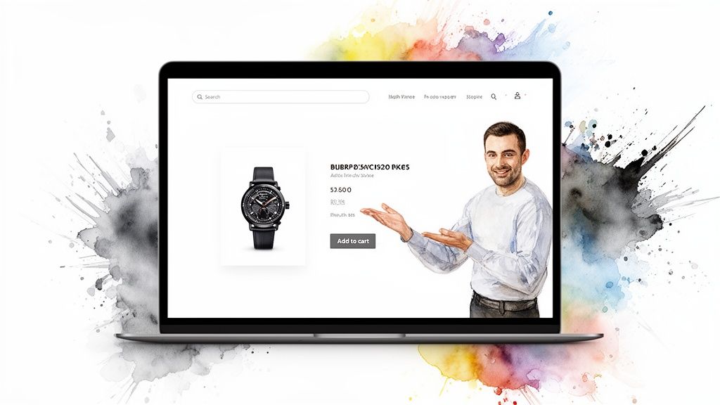 Laptop screen shows an e-commerce website with a black watch, price, and a man presenting.