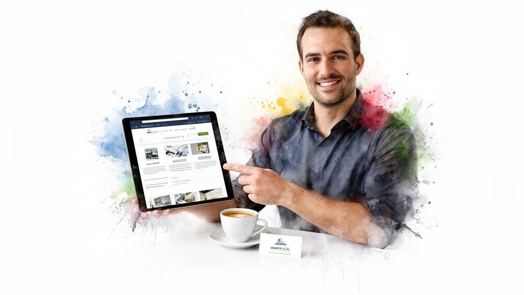 Smiling man showcasing a website on a tablet, with a coffee and business card on the table.