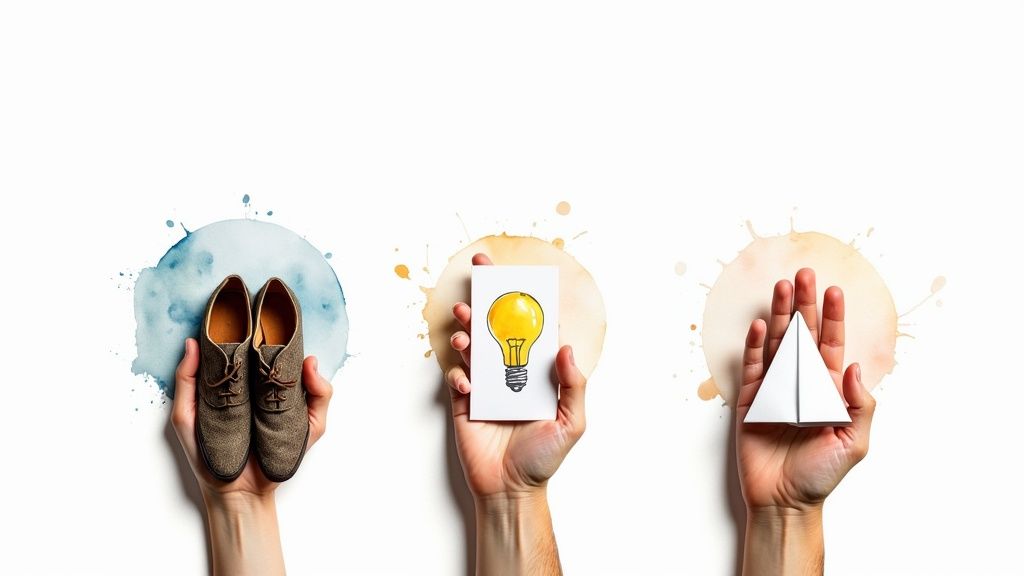 Hands display shoes, a light bulb idea, and a paper airplane over colorful watercolor splashes.