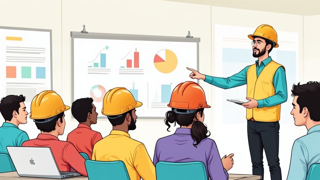 Two construction workers in a manufacturing facility reviewing plans.