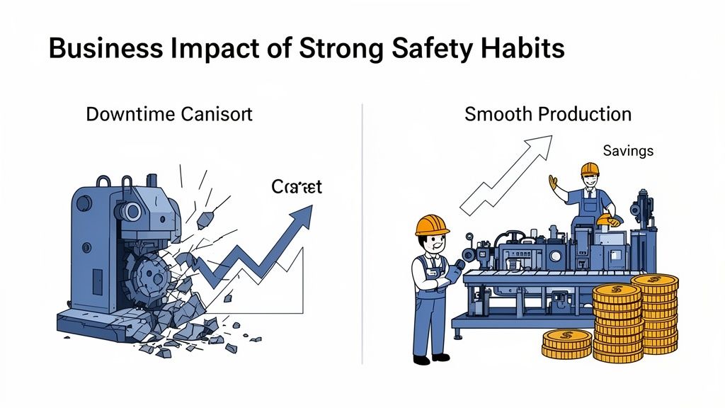 Illustration comparing the business impact of strong safety habits, showing costly downtime versus smooth production and savings.