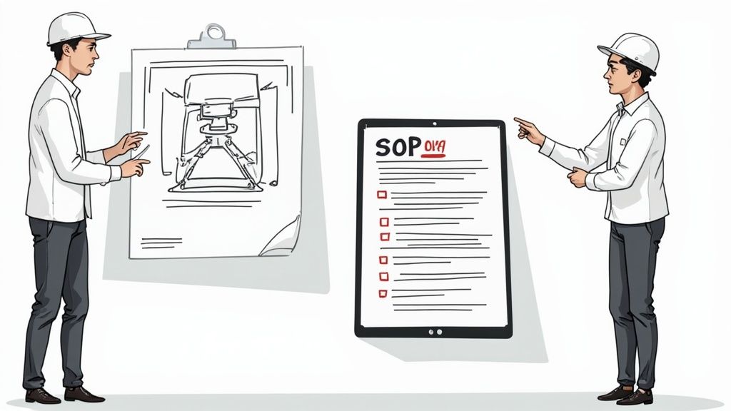 A manufacturing worker carefully checks a piece of industrial equipment.