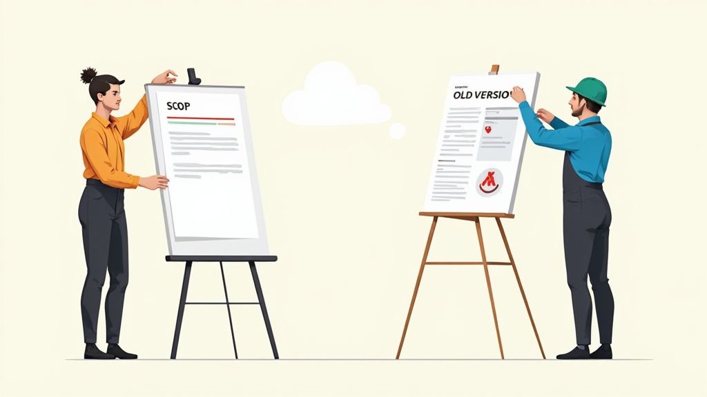 A construction manager in a hard hat and high-visibility vest reviews documents on-site with a worker.