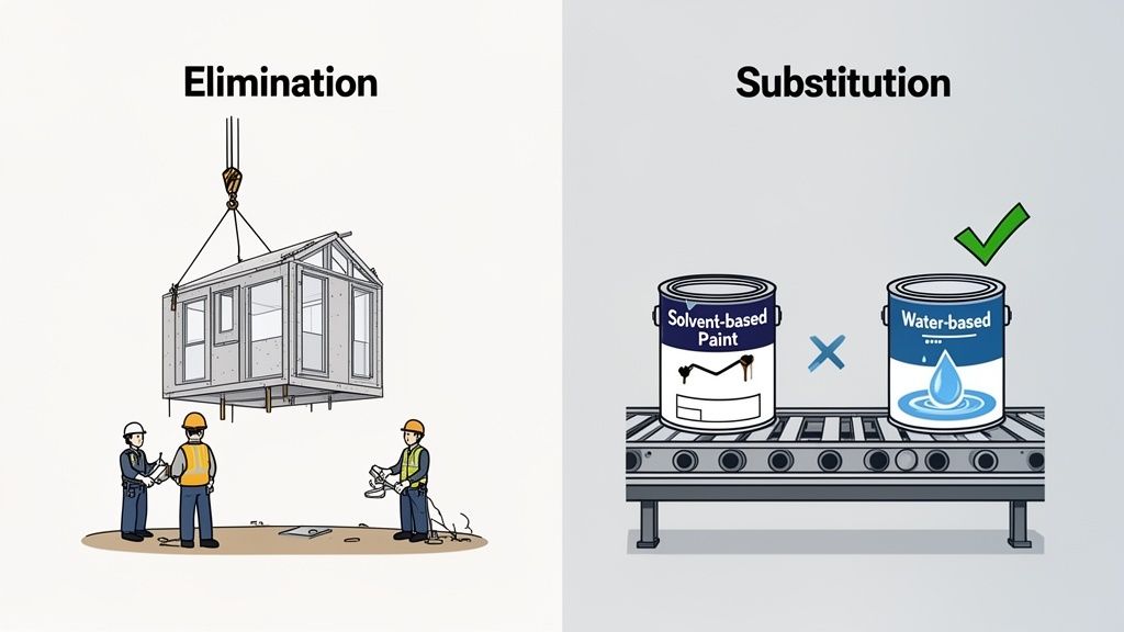 Illustrates elimination by modular construction and substitution by choosing water-based paint over solvent-based paint.