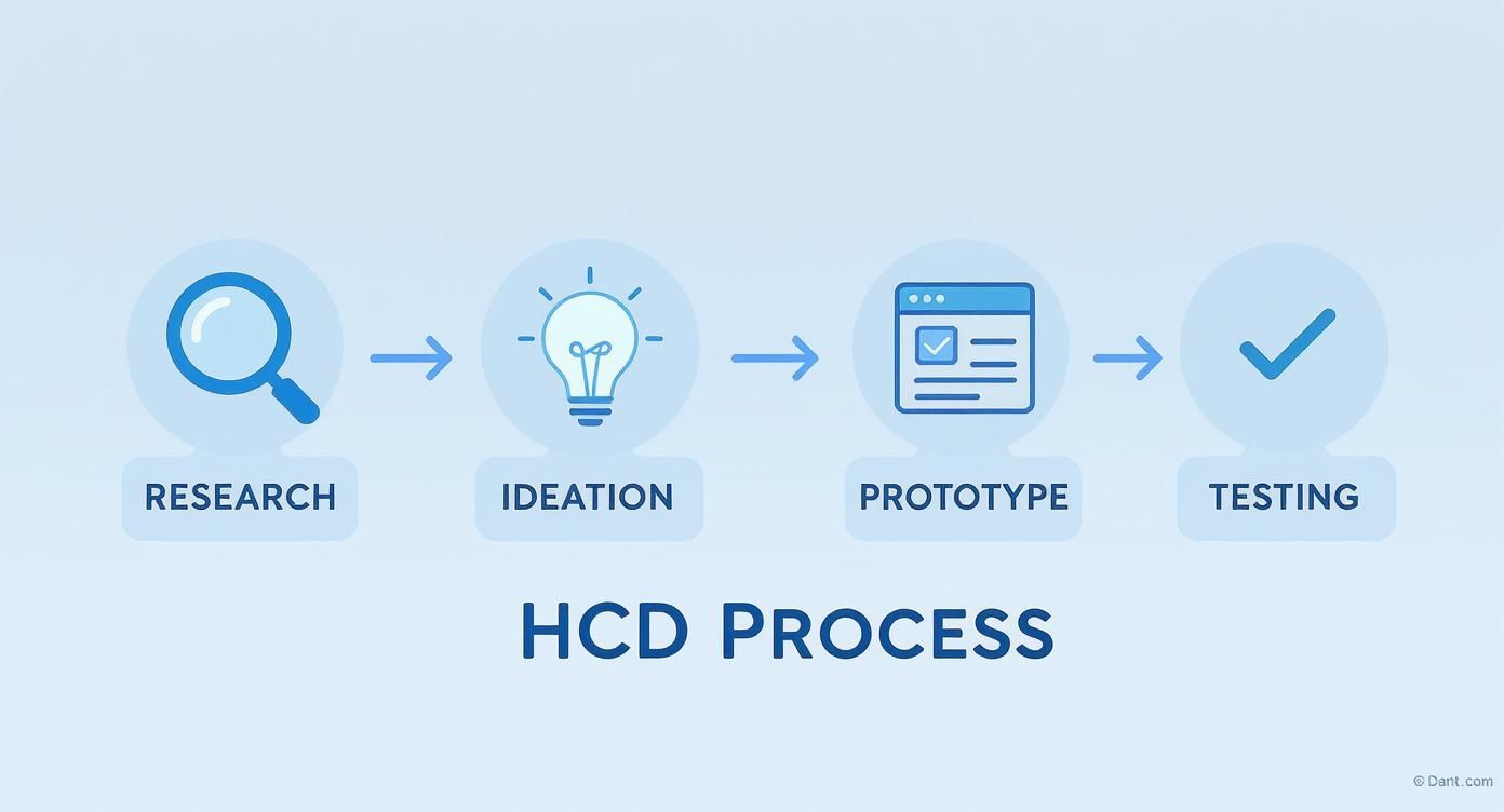 Infographic showing the Human-Centered Design (HCD) process flow: Research, Ideation, Prototype, Testing.