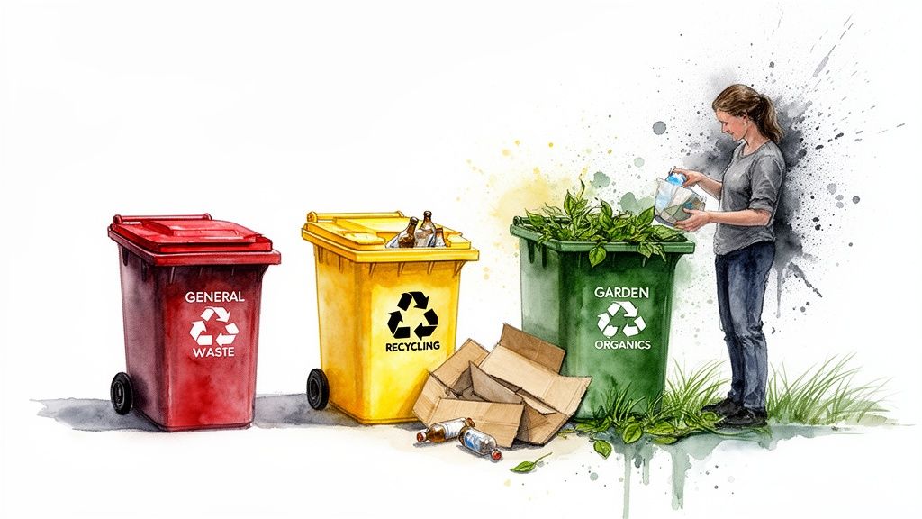 A woman sorts waste into red general, yellow recycling, and green garden organics bins, promoting proper disposal.