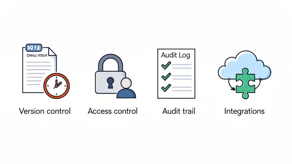 Four icons illustrating document management features: version control, access control, audit trail, and integrations.