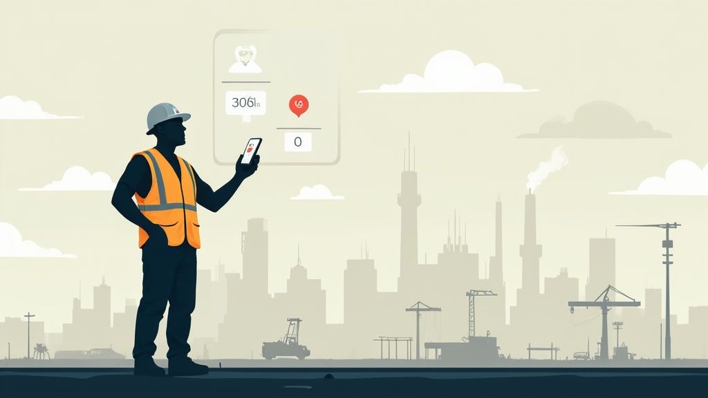 A silhouette of a construction worker in an orange vest looking at a smartphone with app notifications over a city skyline.