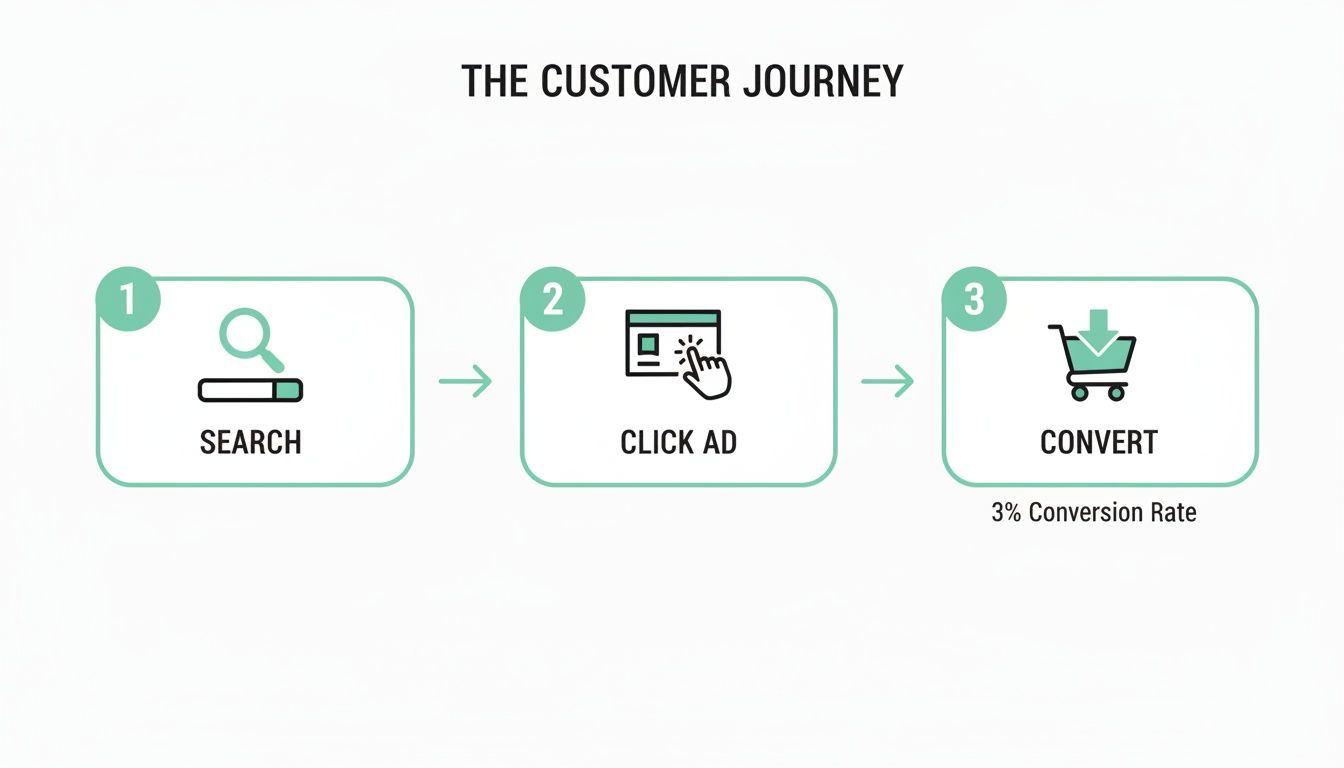 Customer journey diagram illustrating steps from search to ad click and final conversion at 3% rate.