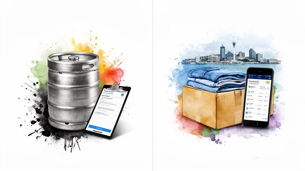 Digital supply chain management for beverages and goods, with mobile apps and Auckland skyline.
