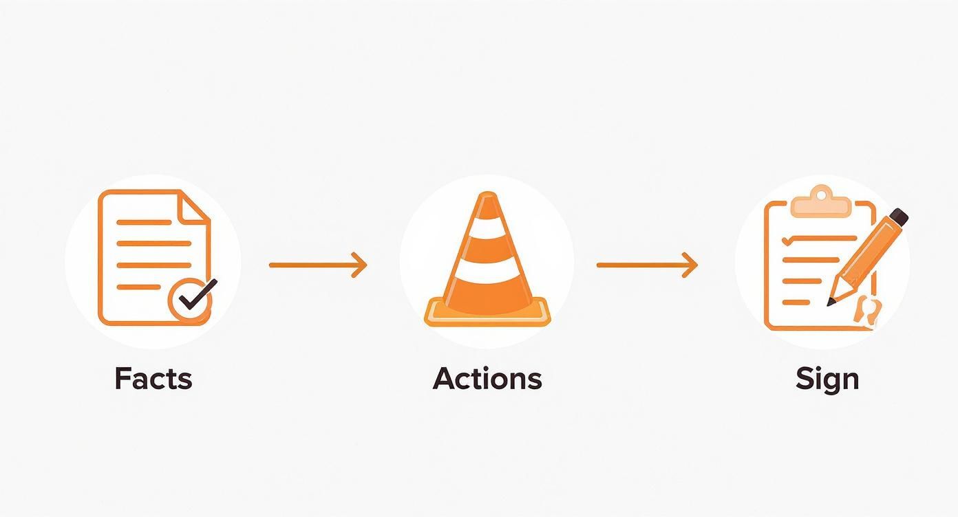 Infographic detailing the process of filling out an incident report, showing steps for facts,actions, and signing off.