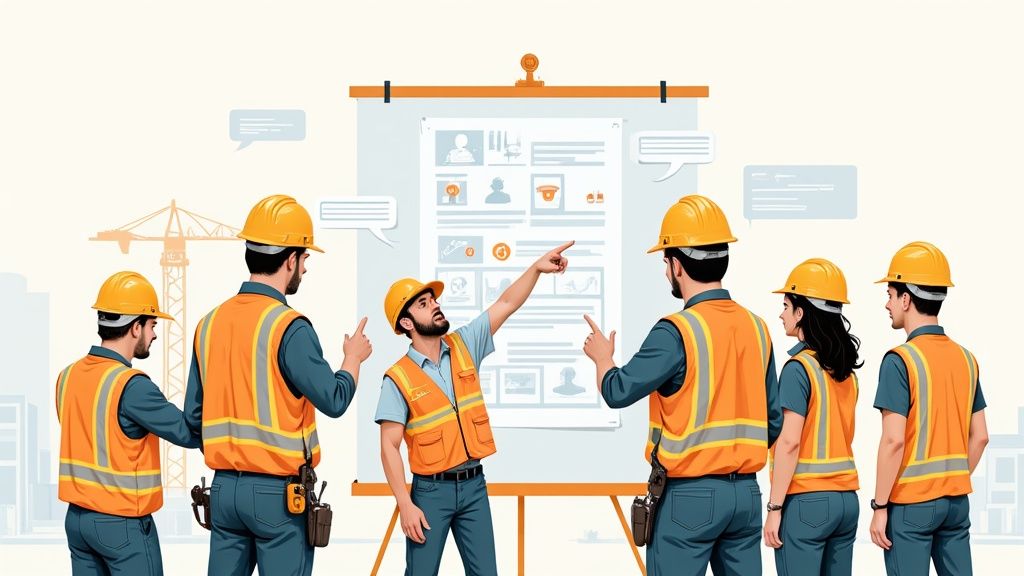 A construction worker standing on a site, reviewing documents while operations continue in the background.