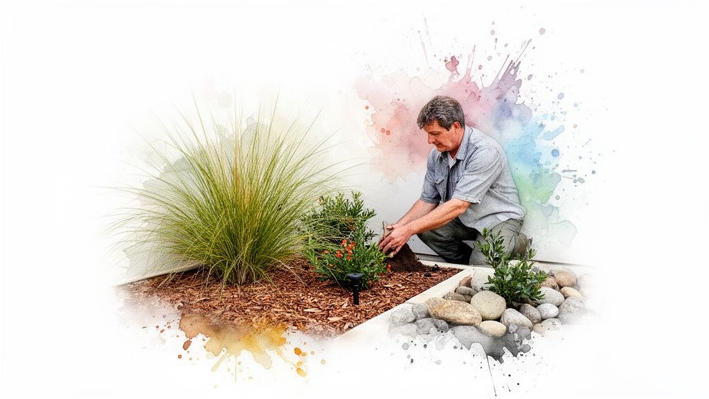 A man is actively gardening, planting a small shrub in a decorative outdoor landscape.