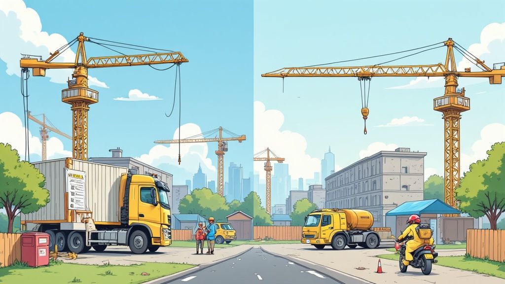 Two construction workers in high-visibility vests discussing plans on a building site.