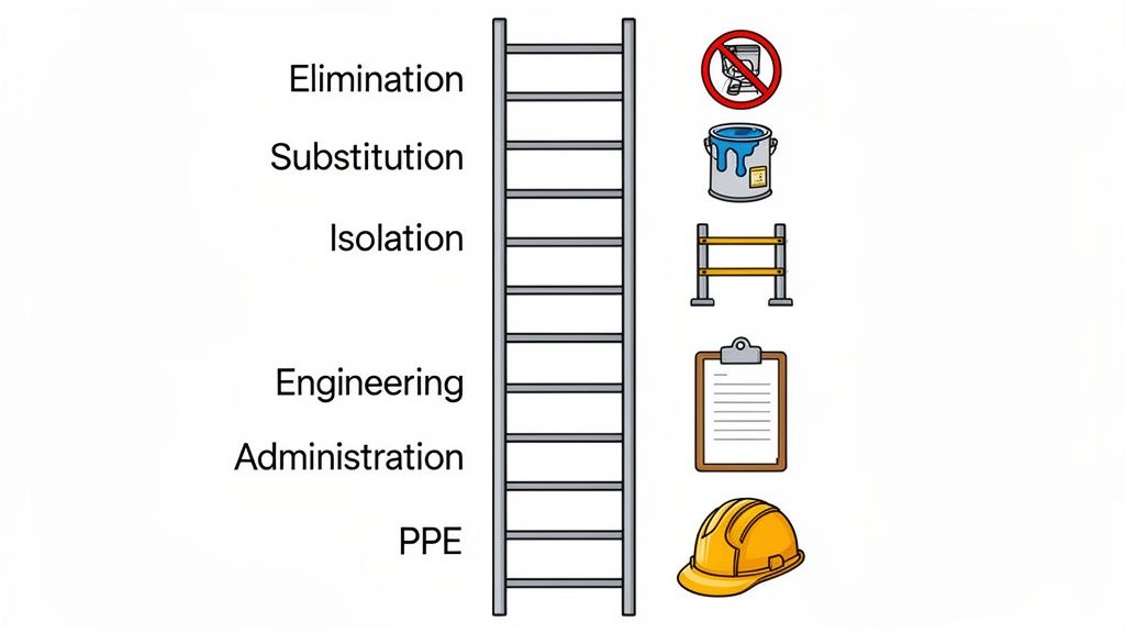 An illustration of the Hierarchy of Controls safety ladder, listing measures from Elimination to PPE with corresponding icons.