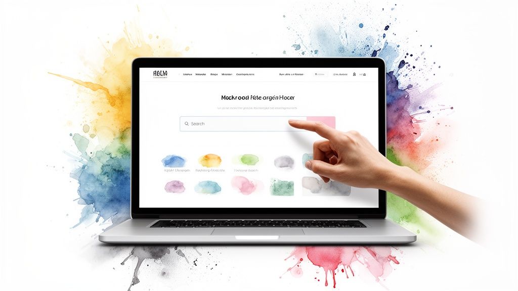 A hand interacts with a laptop screen displaying an e-commerce website homepage design with a search bar and colorful watercolor elements.