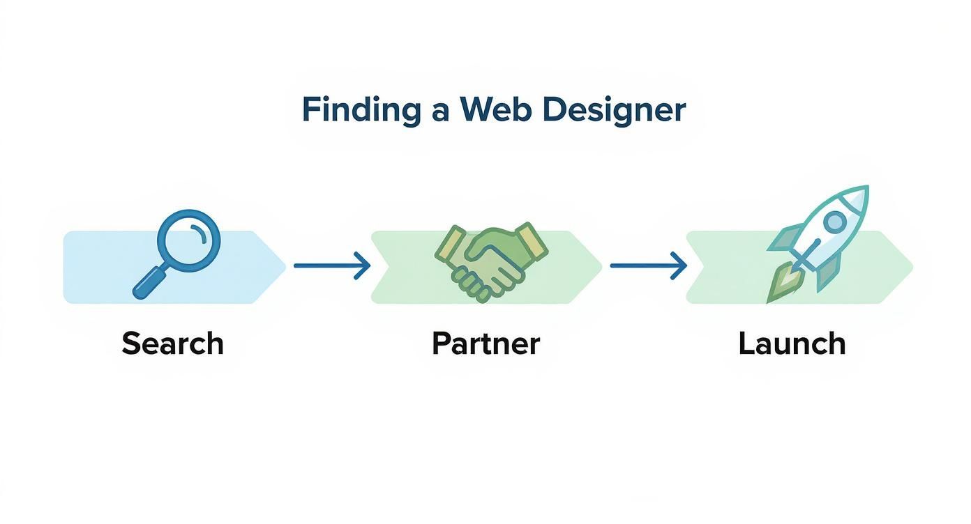 A three-step process infographic for finding a web designer: Search, Partner, and Launch.