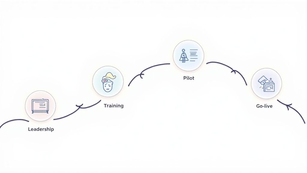 A four-step process flowchart illustrating Leadership, Training, Pilot, and Go-live stages with corresponding icons.