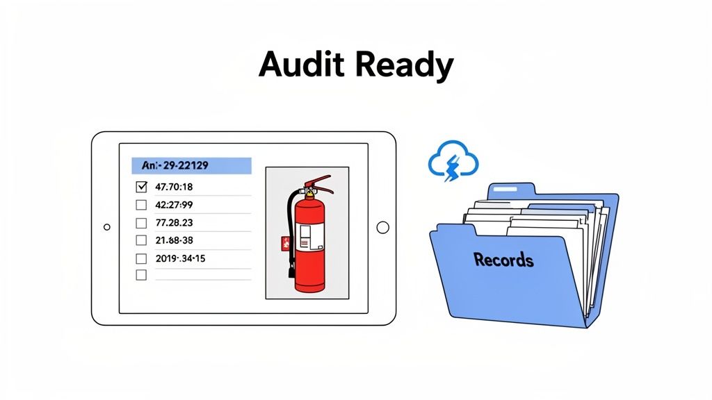 A tablet displays a fire extinguisher inspection form, alongside cloud storage and a records folder for audit.