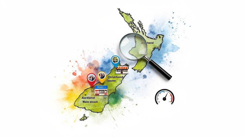 Map of New Zealand with magnifying glass, showing business locations and cities like Auckland and Christchurch.
