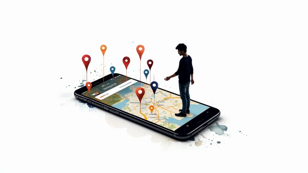 A man stands on a giant smartphone displaying a map with multiple colorful location pins.
