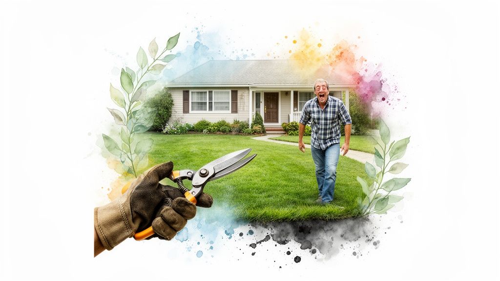 A gloved hand holds pruning shears, while a surprised man runs from a house on a vibrant watercolor lawn.