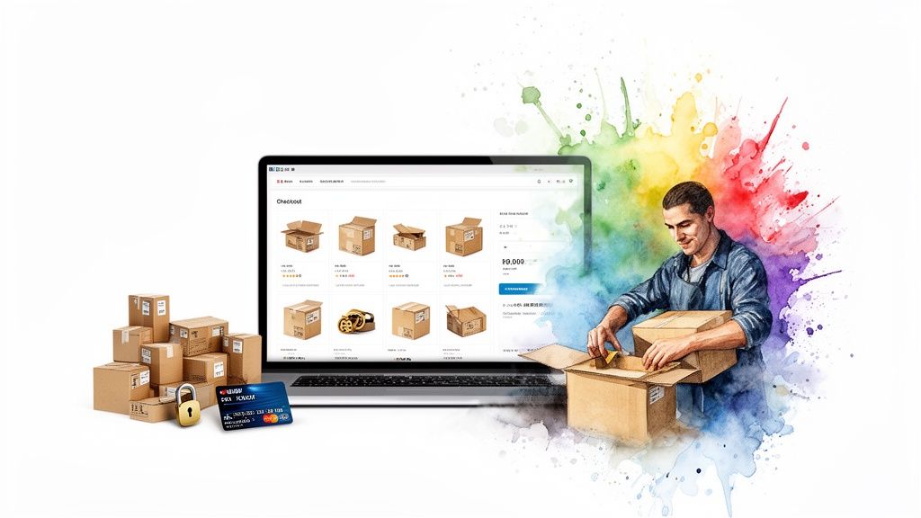 E-commerce scene with laptop displaying checkout, person packing boxes, credit card, and secure payments.