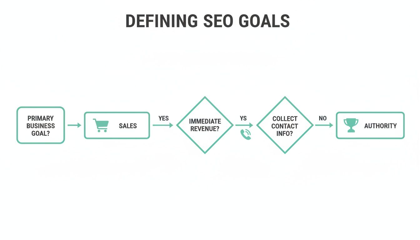 A flowchart defining SEO goals based on business objectives, sales, immediate revenue, and contact information collection.