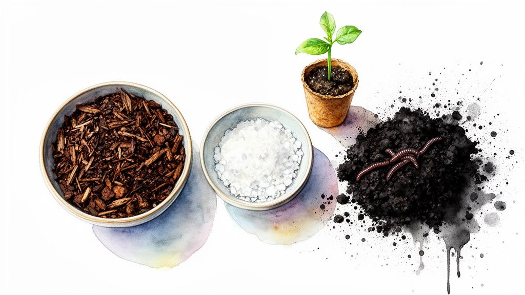 Watercolor illustration showing gardening elements: wood chips, white crystals, a small plant, soil, and earthworms.