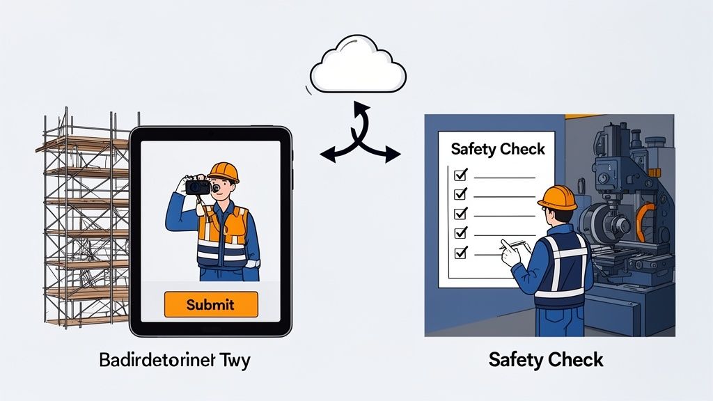 A worker photographs scaffolding on a tablet, submitting data to a cloud system for safety checks and compliance.