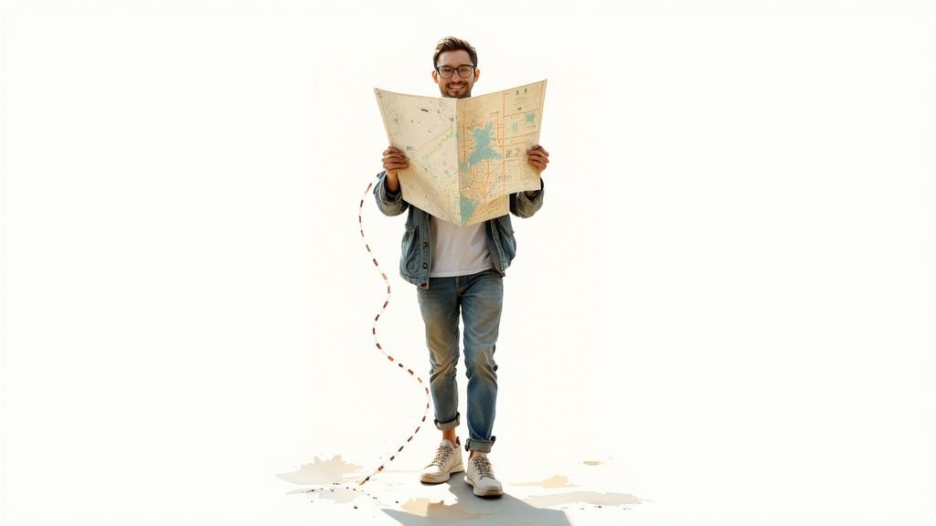 A smiling man in glasses and denim holds a map with a dotted trail leading to coffee stains.
