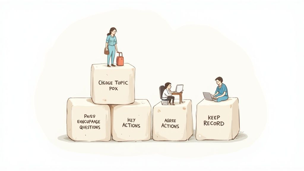 A construction supervisor reviews plans with his team during an on-site toolbox talk.