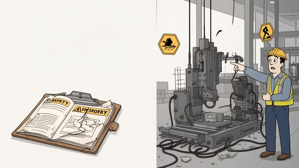 A concerned worker points at a dangerous industrial machine with hazard signs, next to a torn safety manual.