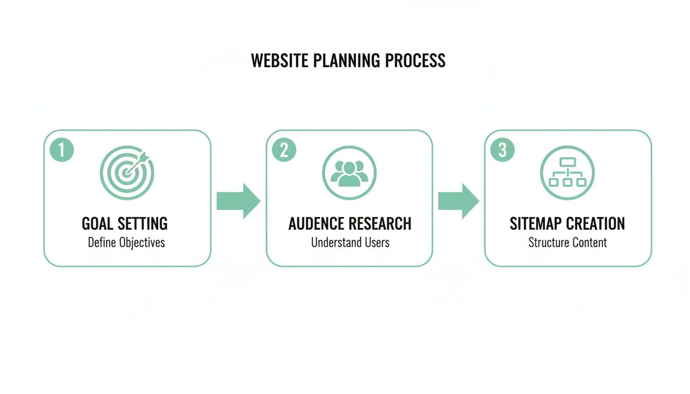 A diagram illustrating the three steps of a website planning process: goal setting, audience research, and sitemap creation.