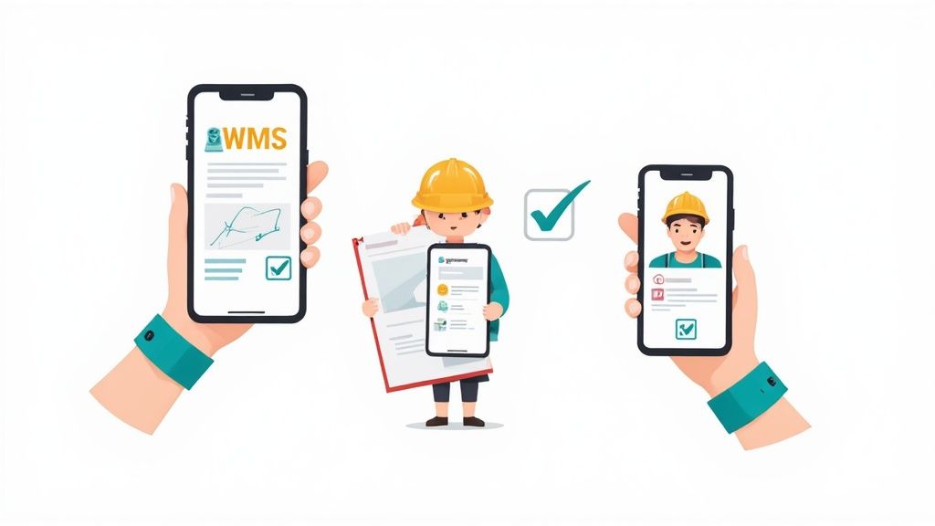 Worker with hard hat using mobile WMS app for workplace safety management and digital checklists