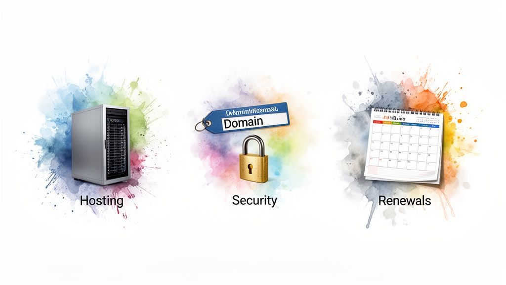 Illustration of website services featuring hosting server, domain key tag with padlock for security, and a calendar for renewals.