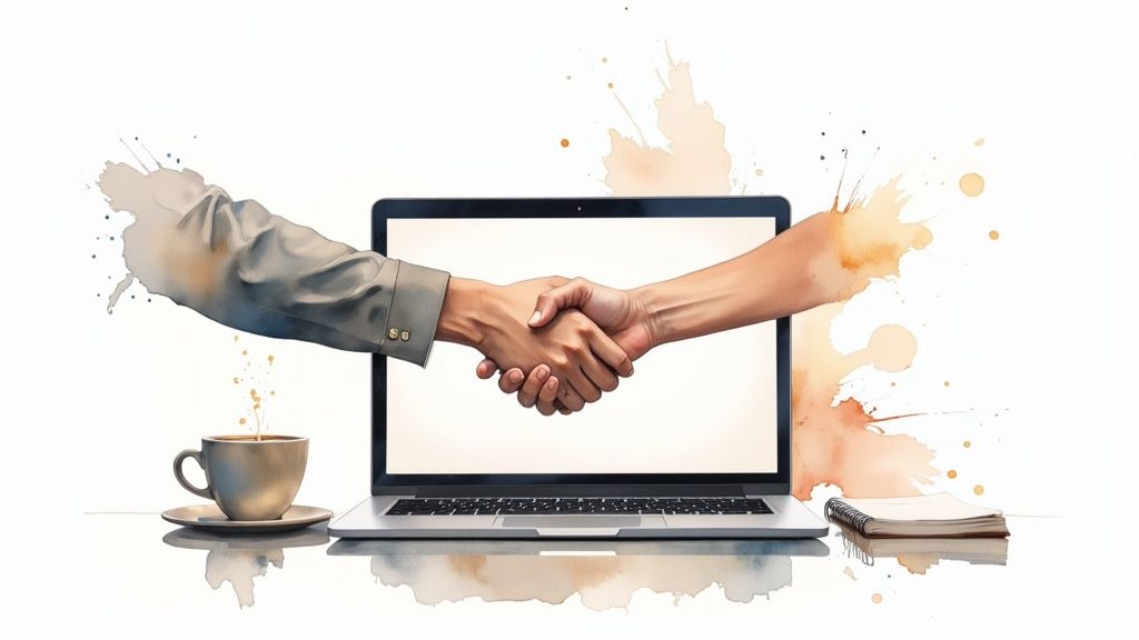 Two hands shaking through a laptop screen, symbolizing online business and remote collaboration, with a coffee cup.