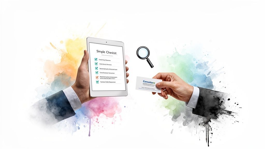 Hands holding a checklist on a tablet and a consultant's business card with a magnifying glass.