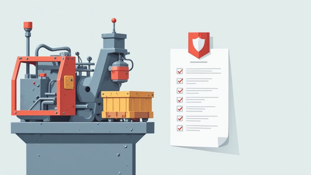 A worker carefully inspects the guarding on a piece of heavy industrial equipment.