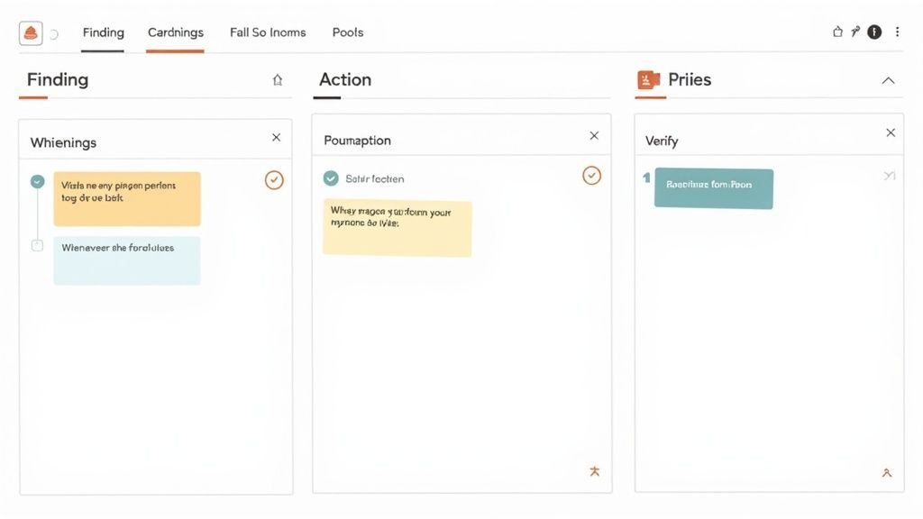 A digital interface showing a task management board with columns for Finding, Action, and Priies, containing colored notes.