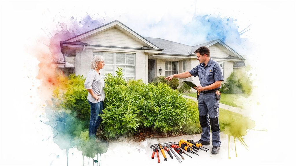 A service professional discusses garden maintenance with a homeowner in front of a house, with tools on the ground.