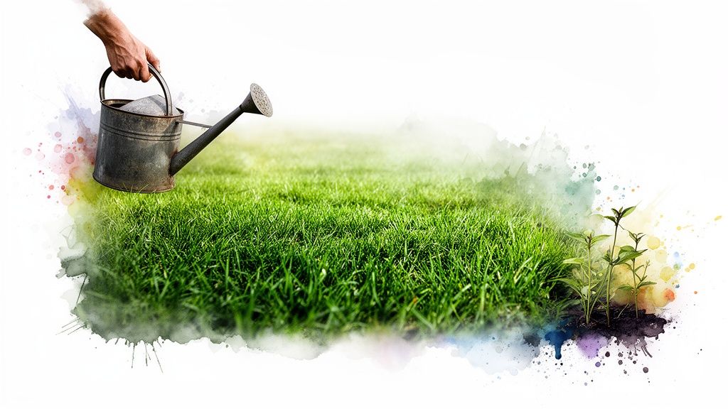 A hand waters a vibrant green lawn and small plants with an artistic watercolor effect.