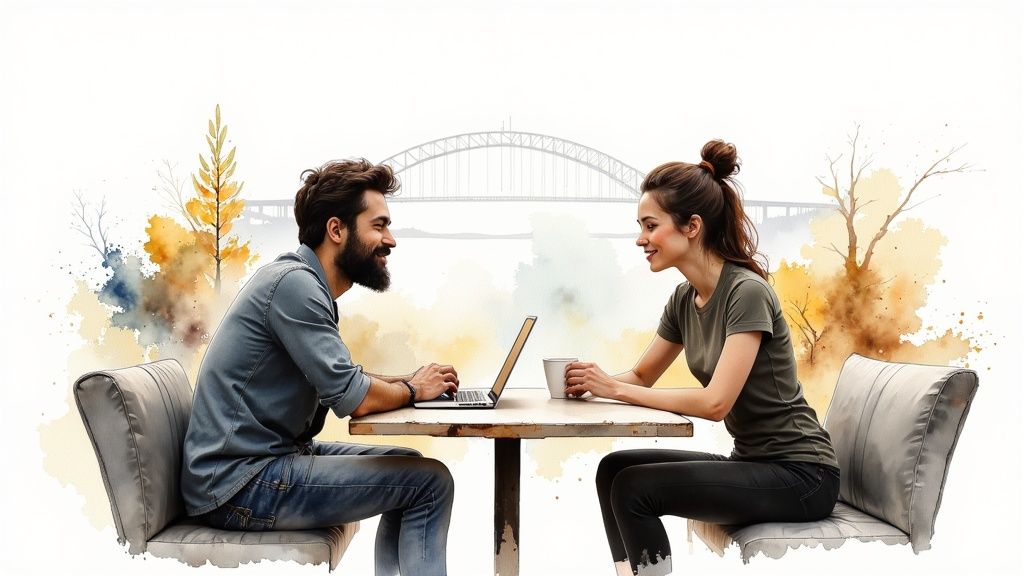 Smiling man and woman at a table with a laptop and mug, facing each other in an artistic setting.