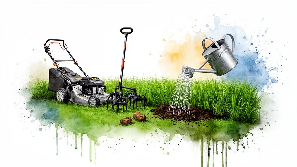 Gardening tools, including a lawnmower, tiller, and watering can, on green grass and soil.